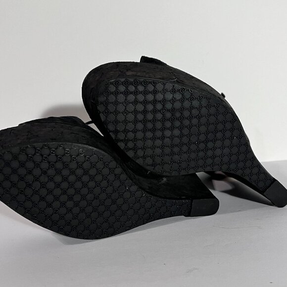 Gucci by Tom Ford Cork Wedge Black Suede Silver Logo Heels Sz 8 - Picture 13 of 16